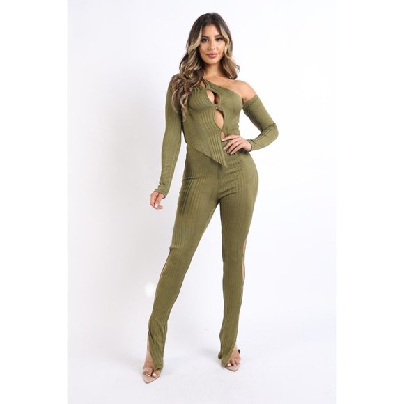 Women's Asymmetric One Shoulder Cutout Ribbed Top and Matching Flare Pants Set - Picture 2 of 8